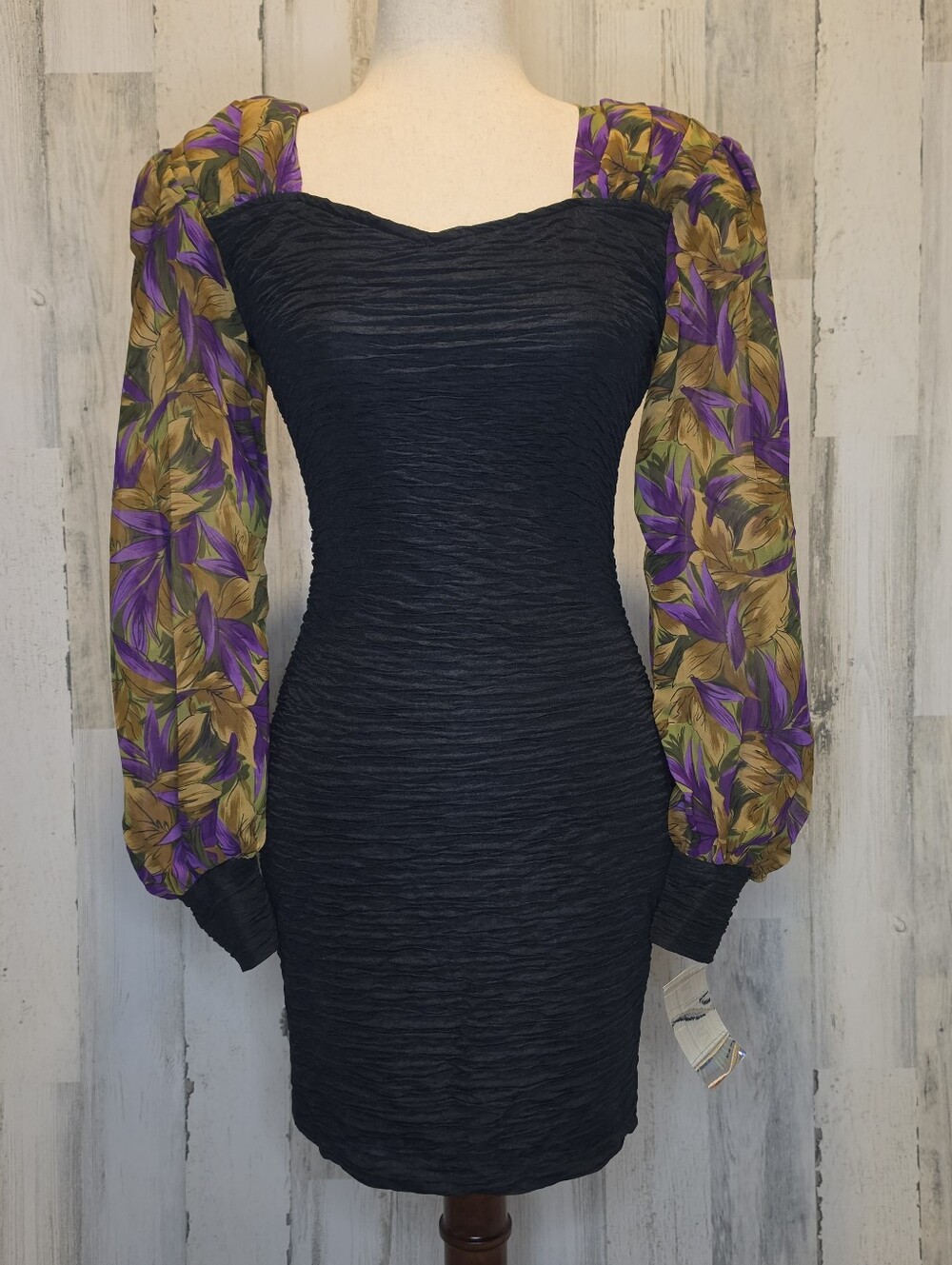 Vintage Deadstock Absolutely! Bodycon Dress Women's 5/6 Black Ruched Floral NWT